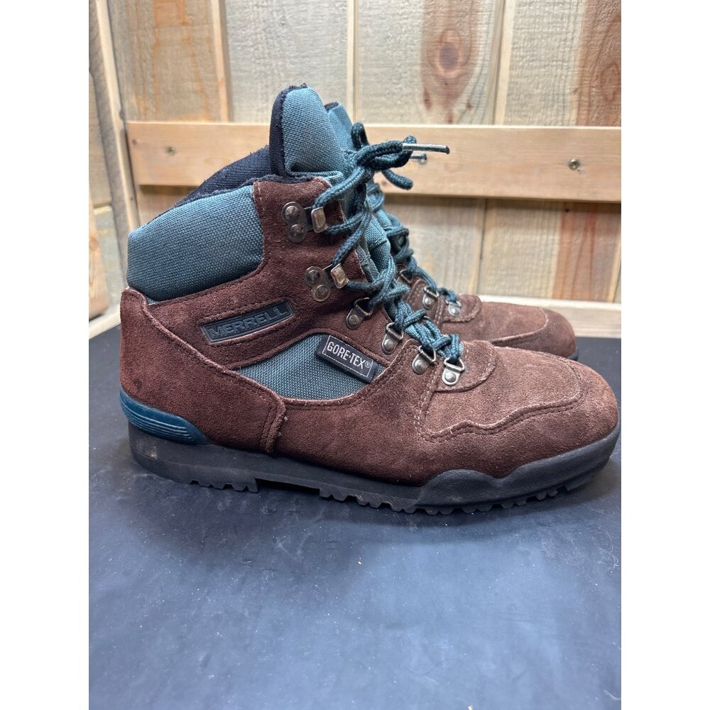 Merrell Womens Gore-Tex Hiking Boots Size 10 Brown/Teal Suede & Fabric Outdoor S